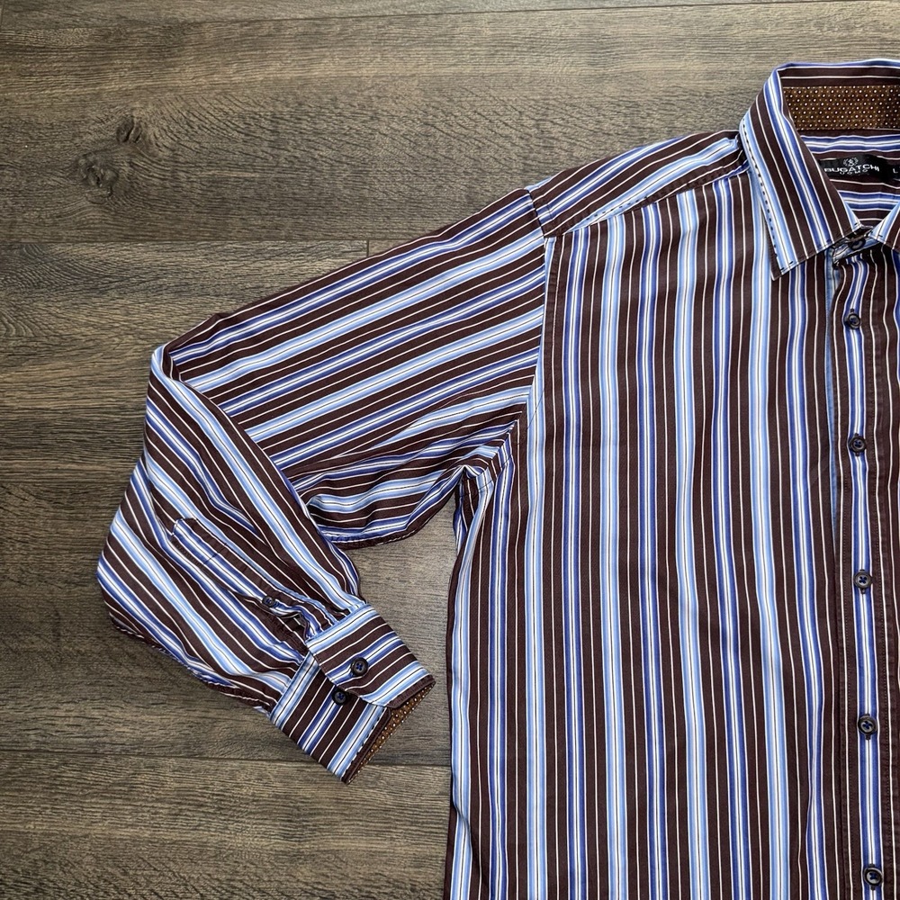 Bugatchi Uomo Mens Shirt Button Up Brown Striped Classic Fit Long Sleeve Sz L - Picture 7 of 11